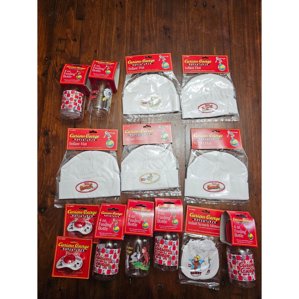 Vintage Curious George Adventures Infant Lot 2002 Bottles Hats Pacifiers NIP